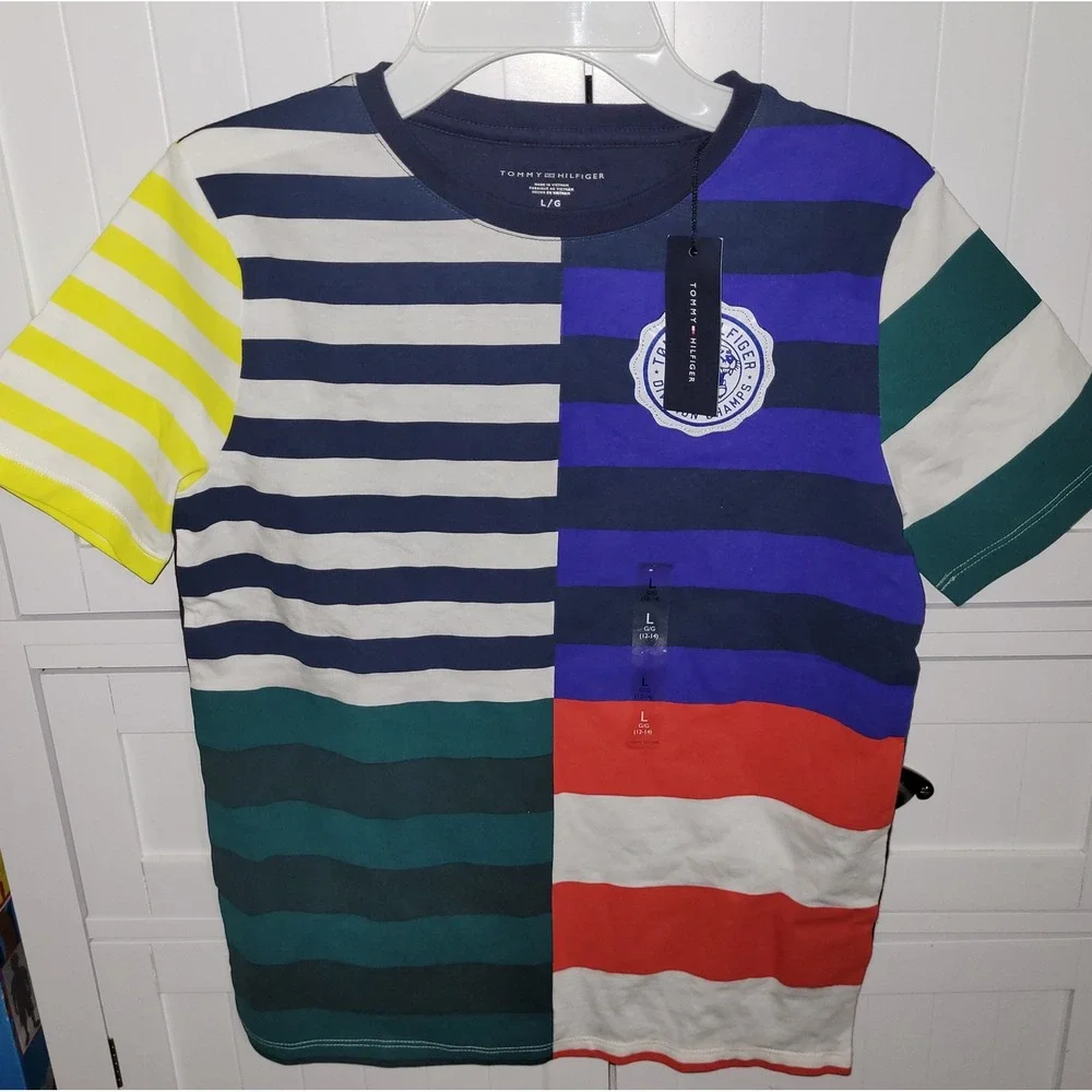 Tommy Hilfiger Graphic T Shirt Blue Green Yellow Stripe Logo‎ Size L 12 14 patch